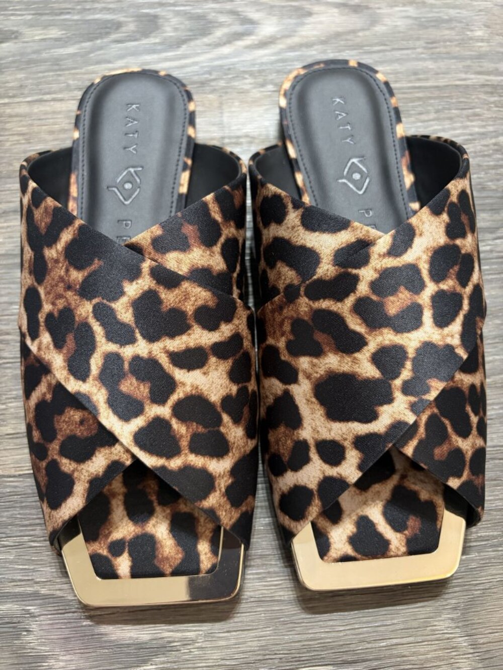 Katy Perry Checked In Slide Sandals 8 38 Leopard Print Satin Coffee Multi NEW
